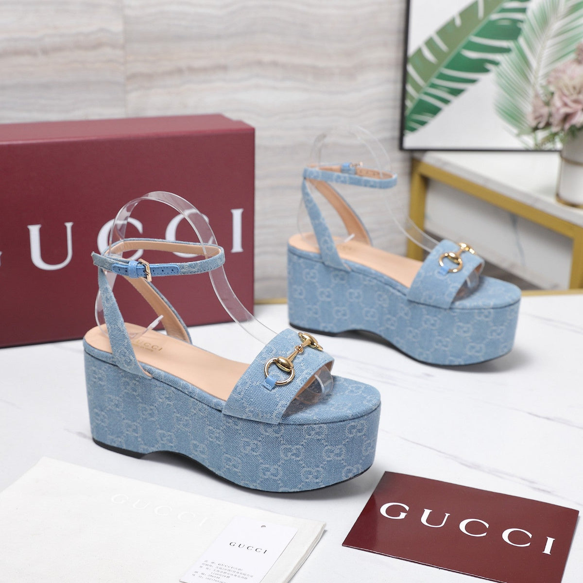Gucci 26s Wedge Sandals 8cm Light Blue GG Denim Gold Hardware