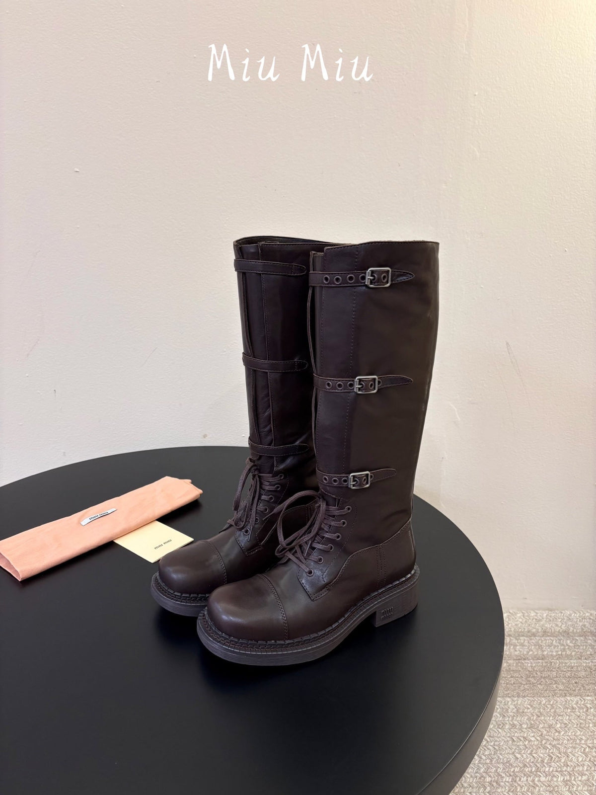 Miumiu 26s Lace-up Knee-high Boots Dark Brown Calfskin