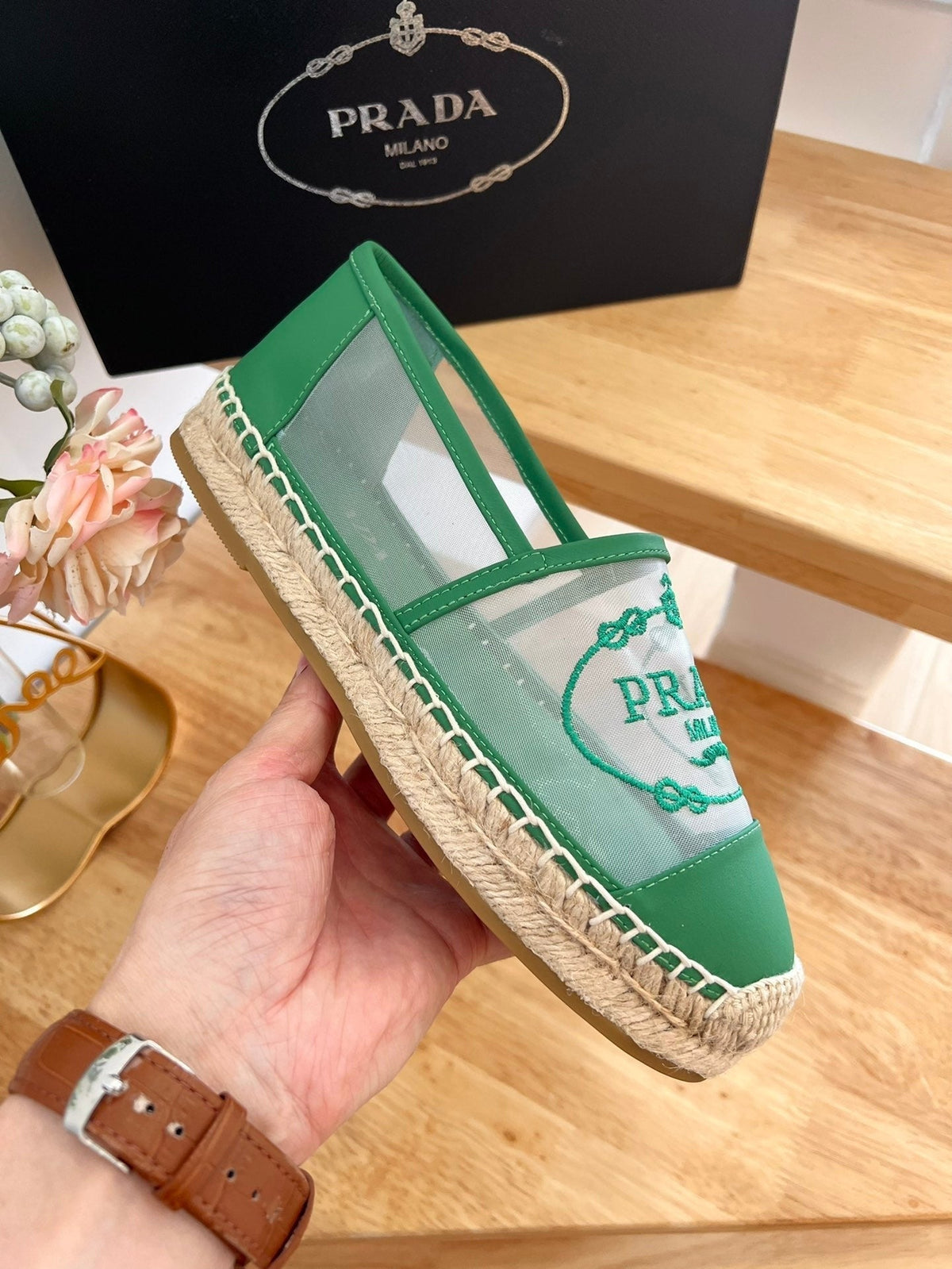Prada 26s Embroidered Logo Espadrille Flats Green Mesh Calfskin