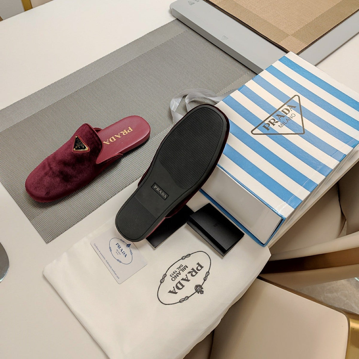 Prada 26s Square Toe Slippers Burgundy Red Velvet