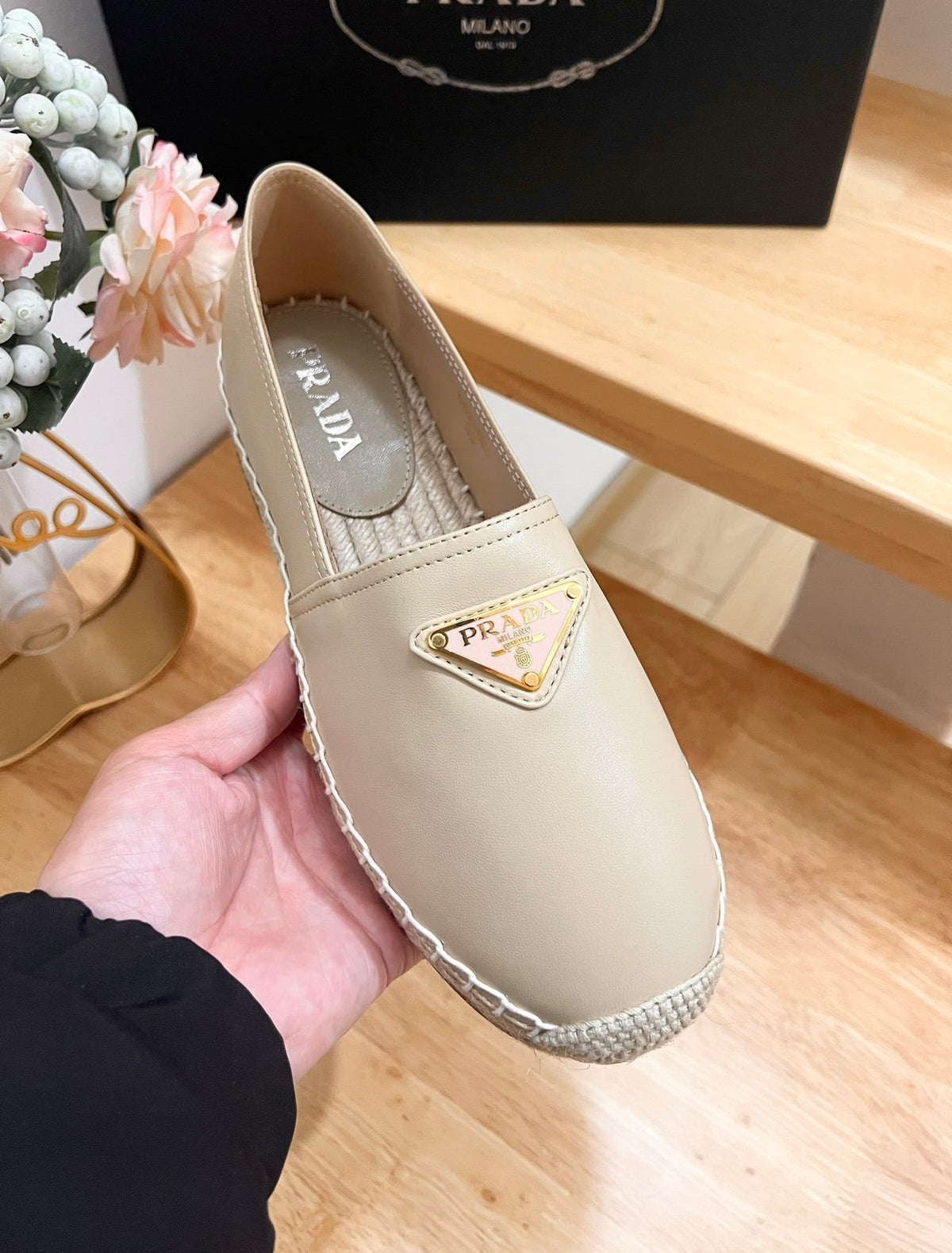 Prada 26s Logo Espadrille Slip On Flats Dark Beige Calfskin