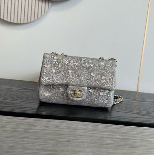 Chanel 2026 Bag 21cm Black And Silver Strass Leather
