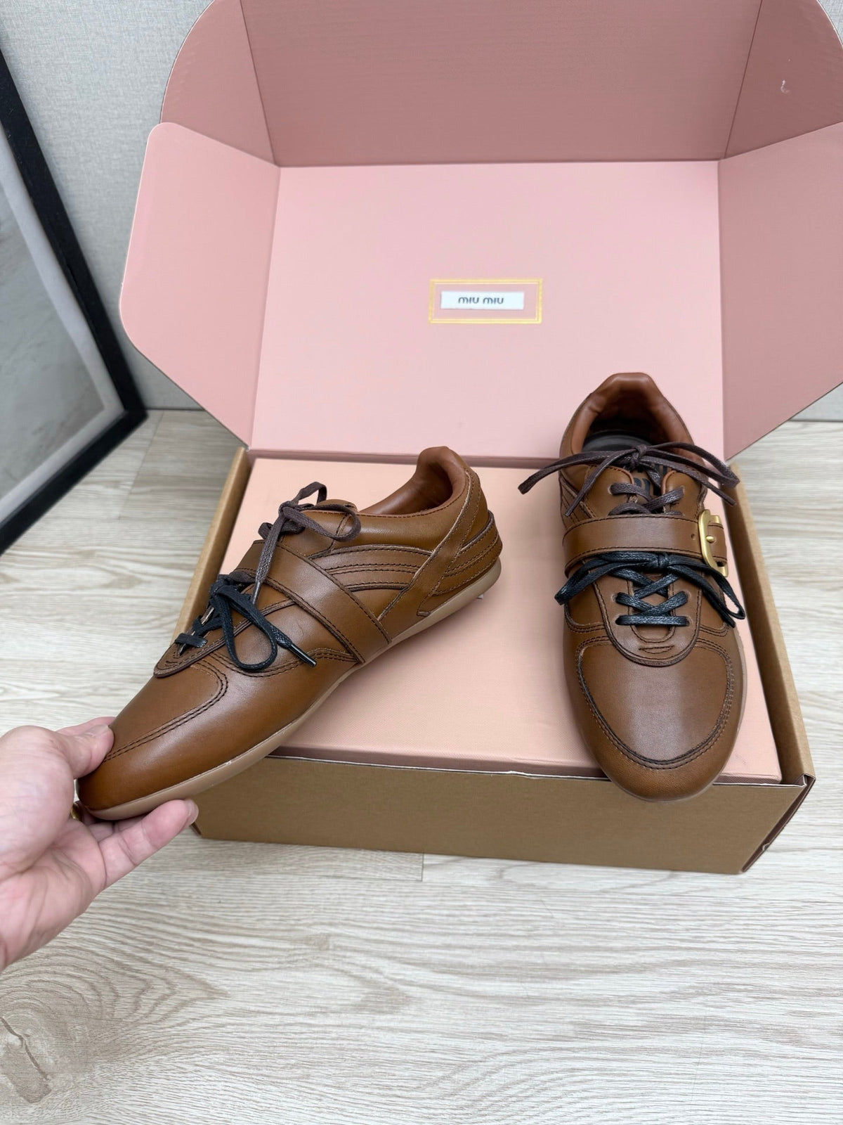 Miumiu 26s Buckle Sneakers Brown Calfskin With Gold Hardware