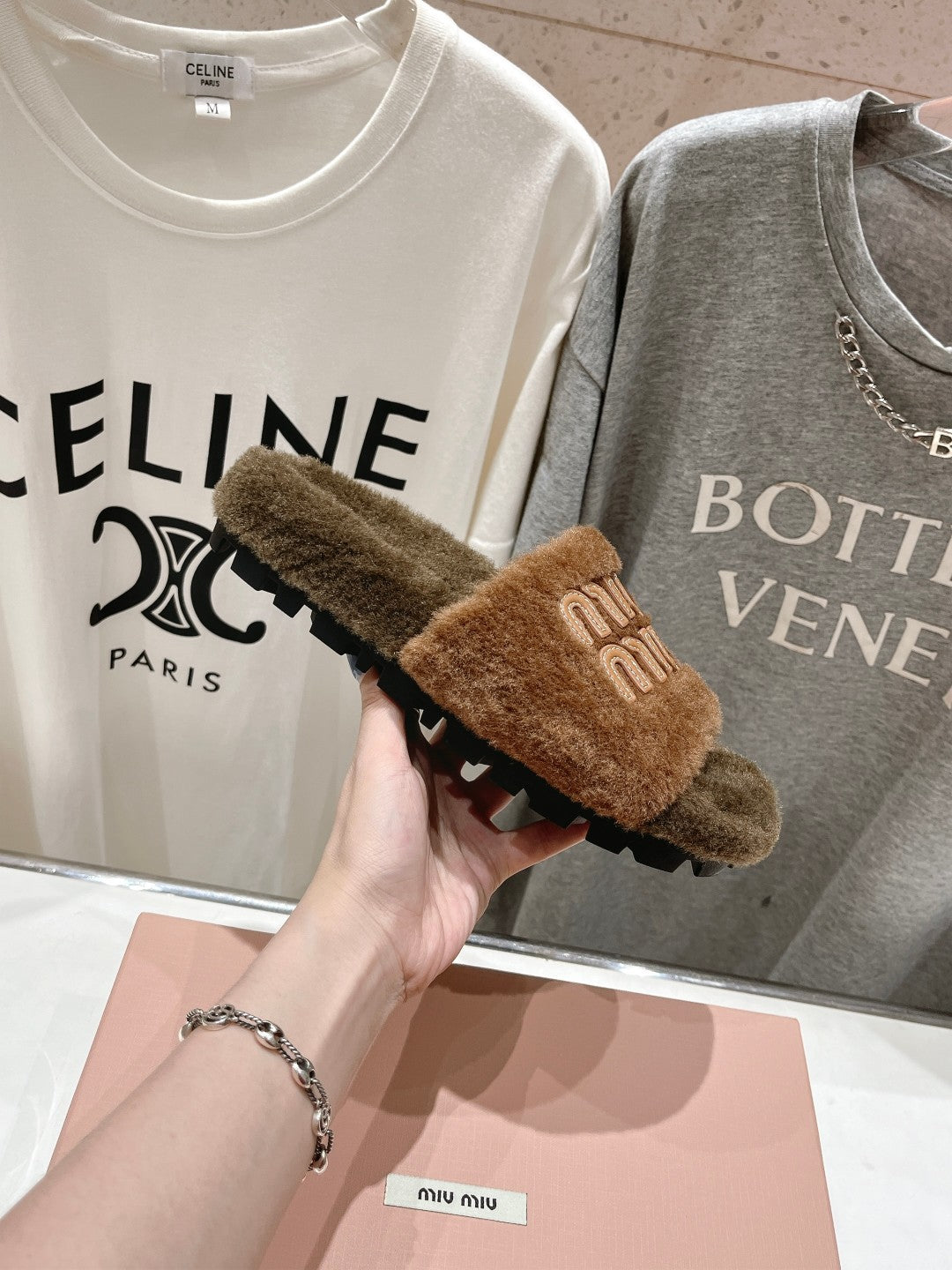 Miumiu 26s Flat Slides Brown Shearling