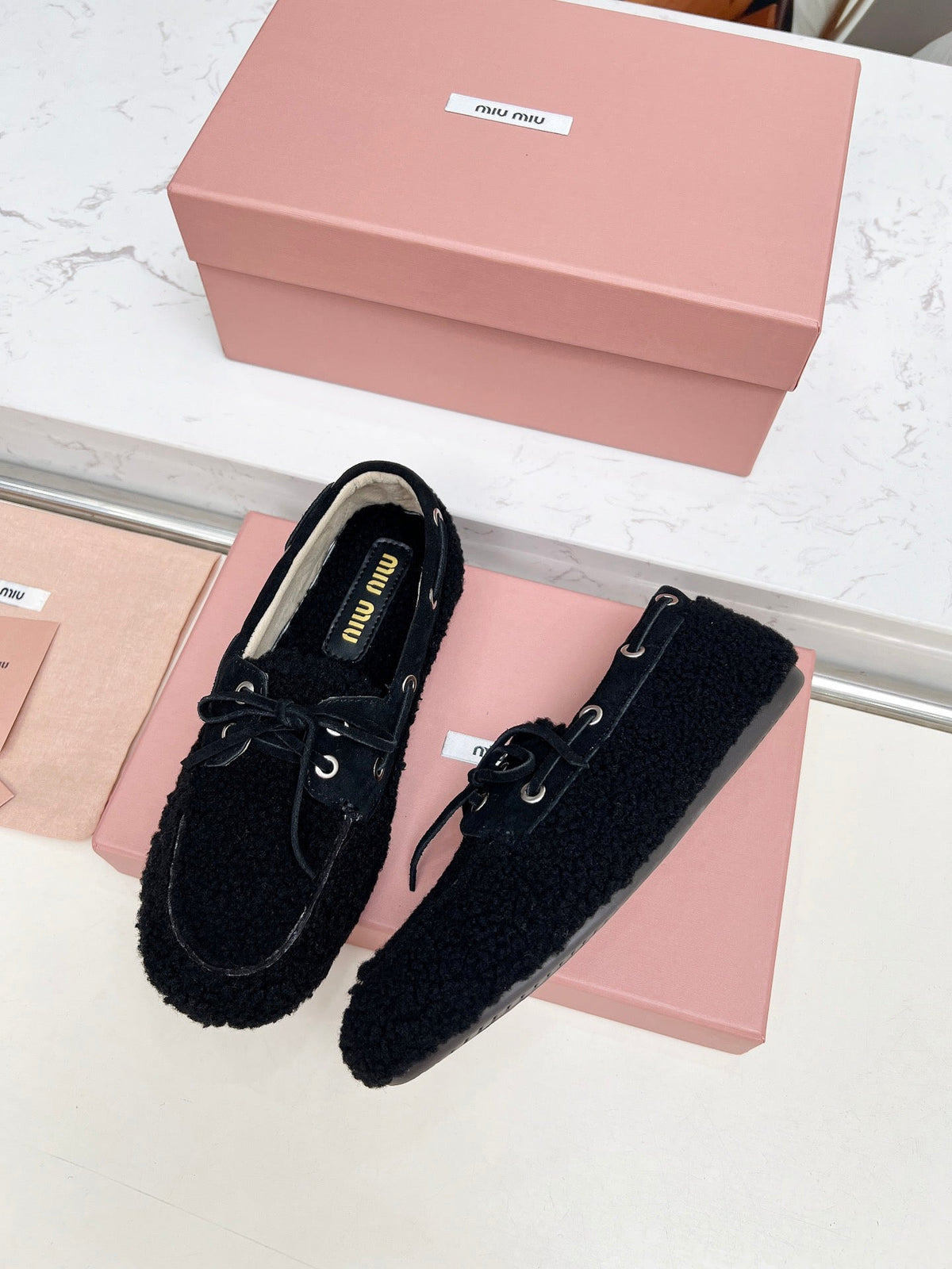 Miumiu 26s Boat Loafers Black Shearling