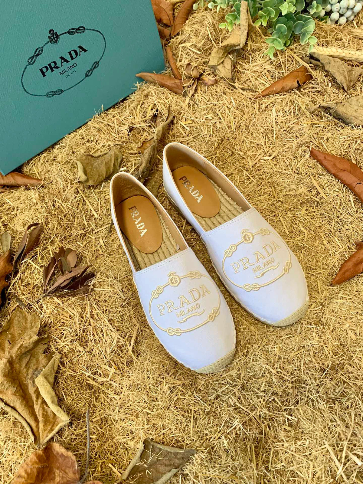 Prada 26s Espadrille Flats White Canvas Embroidered Logo