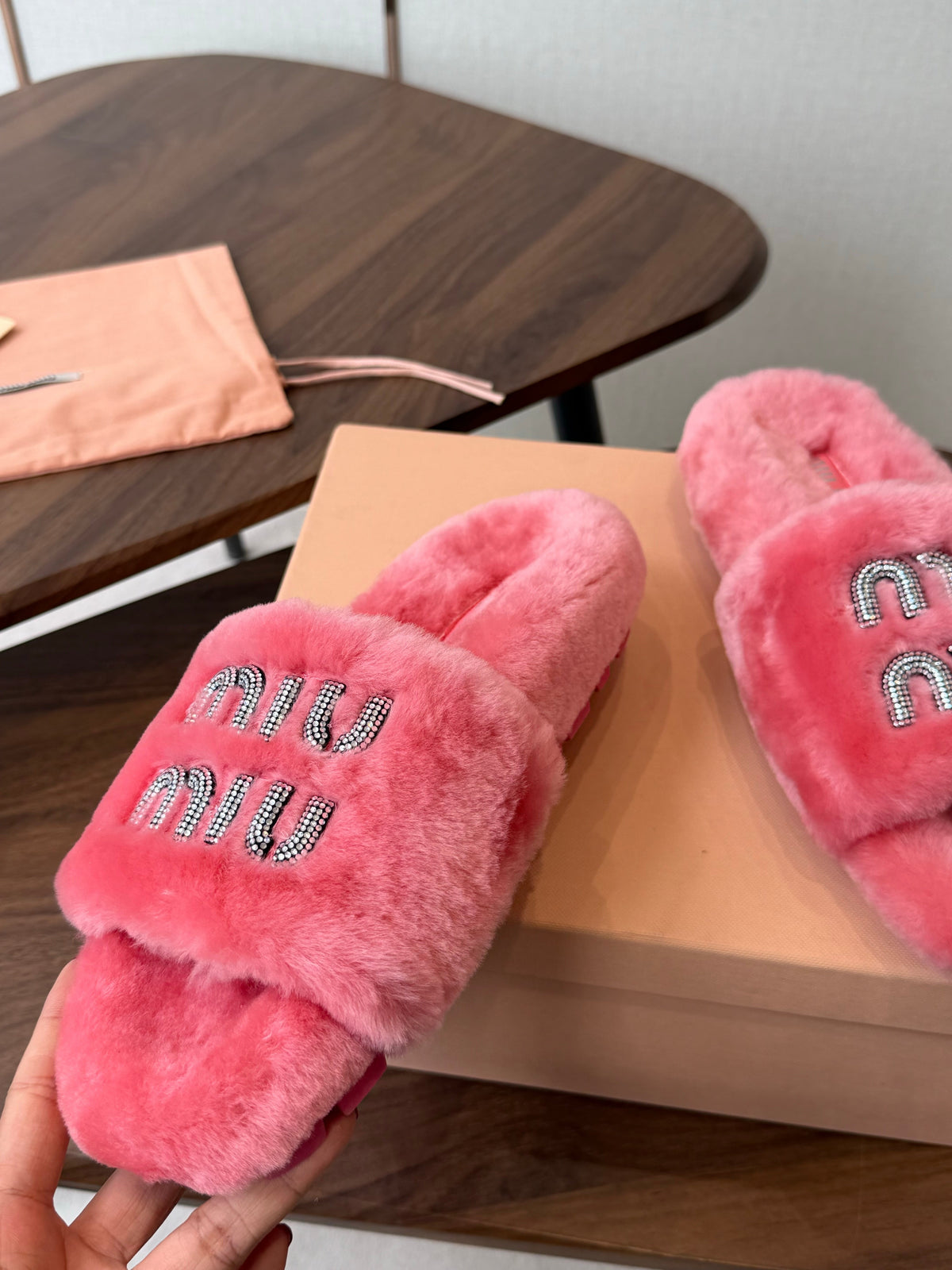 Miumiu 26s Crystal Logo Slides Pink Shearling