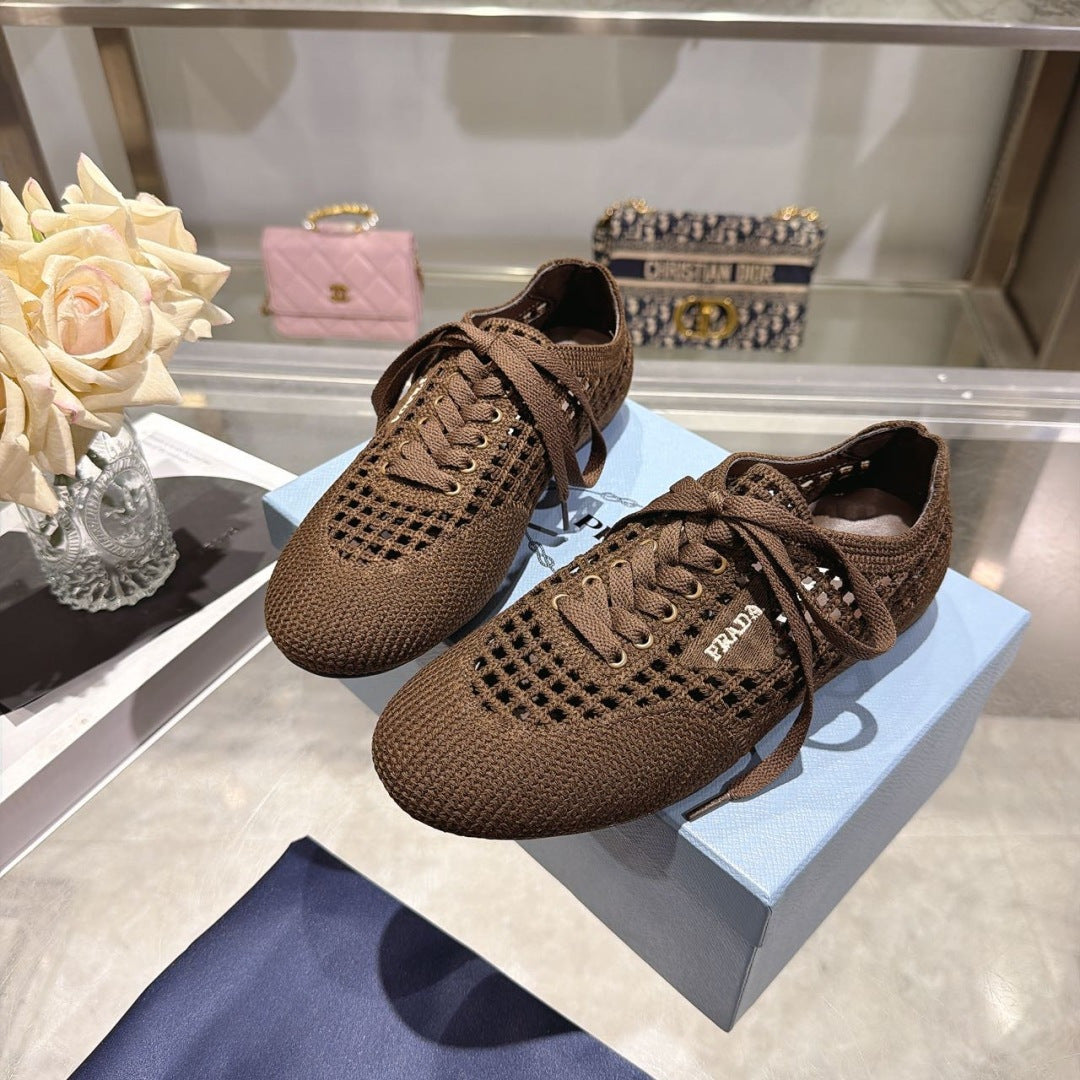 Prada 26s Lace Up Openwork Knit Sneakers Dark Brown Knit Fabric