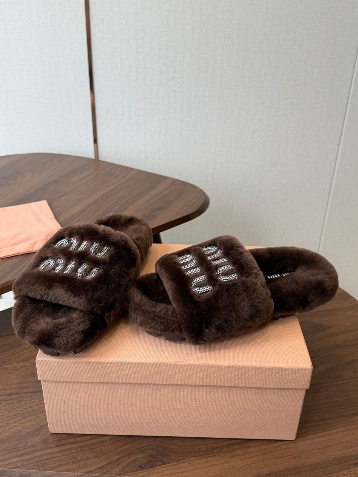 Miumiu 26s Crystal Logo Slides Dark Brown Shearling