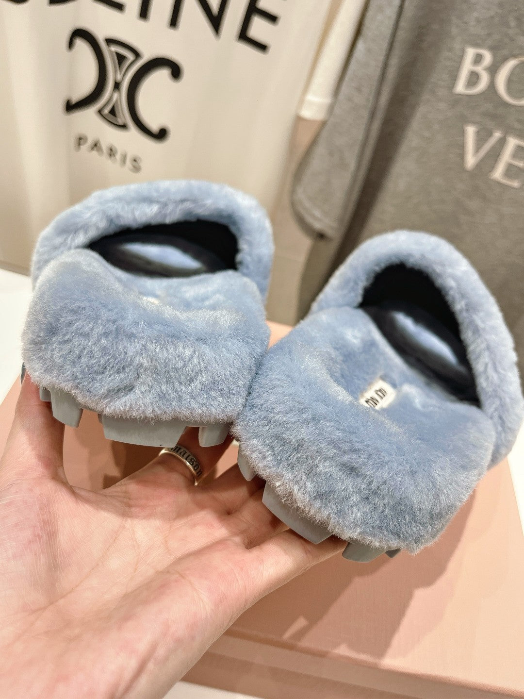 Miumiu 26s Flat Slides Pastel Blue Shearling
