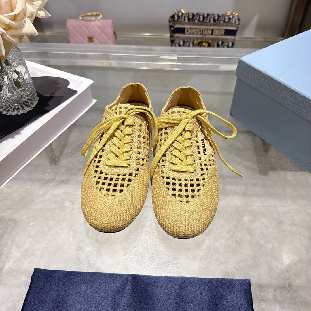 Prada 26s Lace Up Openwork Knit Sneakers Yellow Beige Knit Fabric