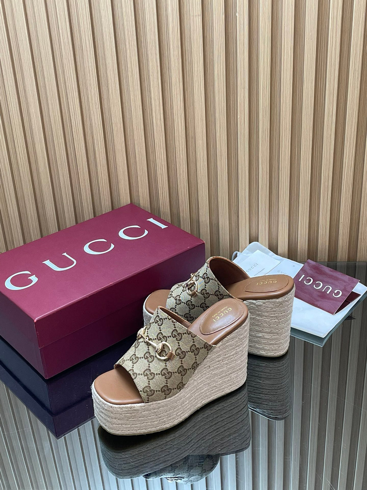 Gucci 26S Wedge Sandals 11Cm In Beige Canvas GG Monogram