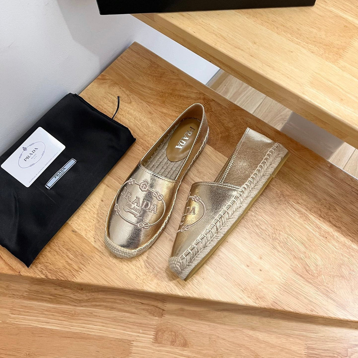 Prada 26s Embroidered Logo Espadrille Flats Gold Calfskin