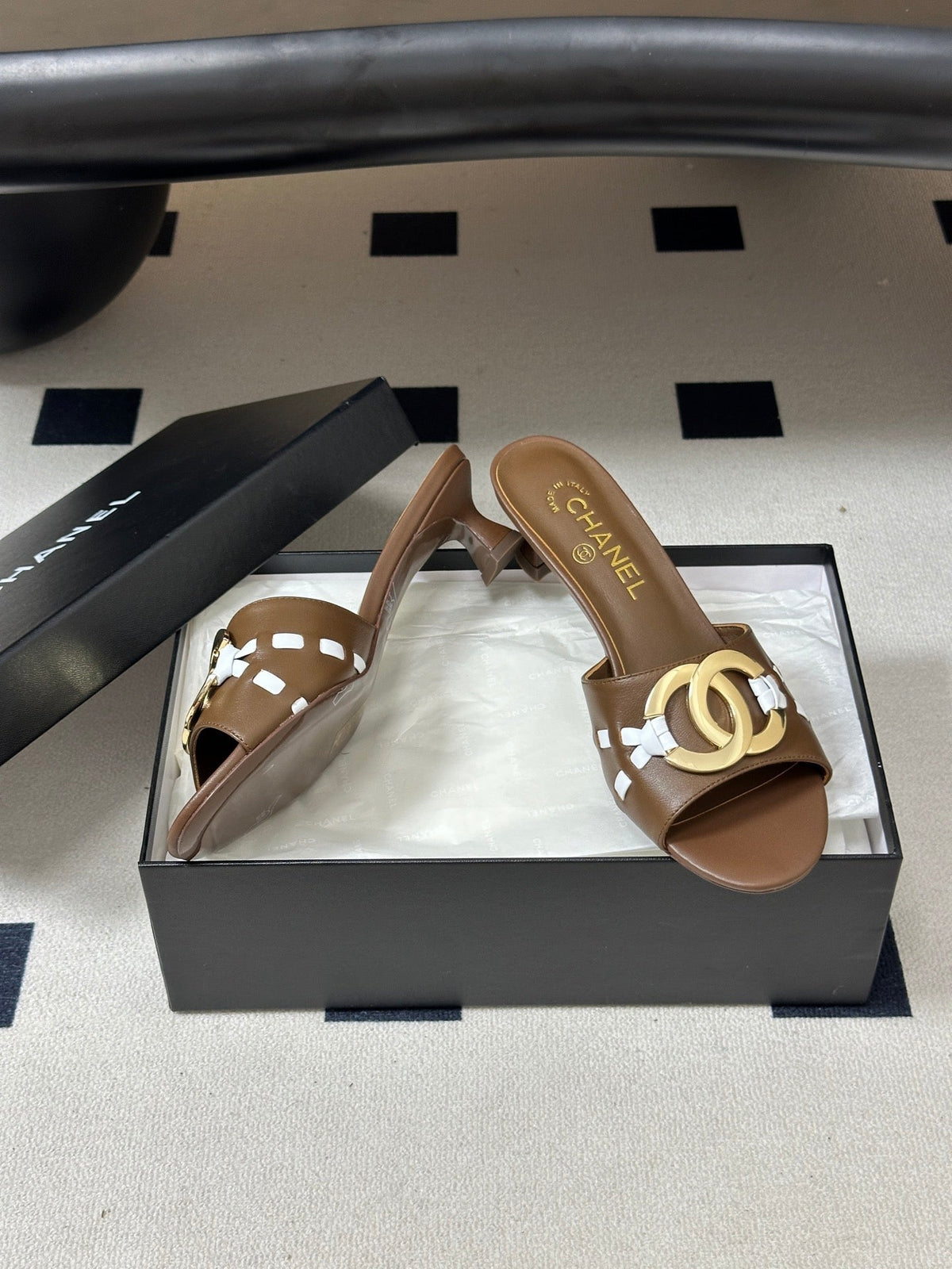 CC 26S High Heel Mule in Brown Lambskin with Gold-Tone CC Logo