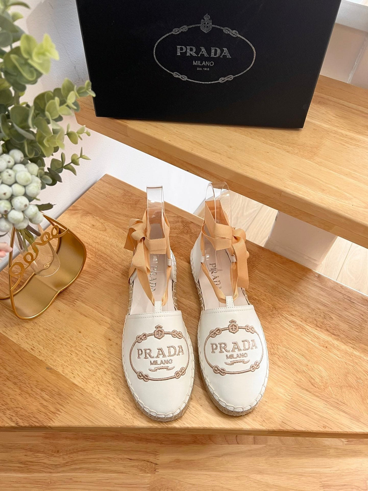 Prada 26s Lace Up Espadrille Flats Cream White Calfskin