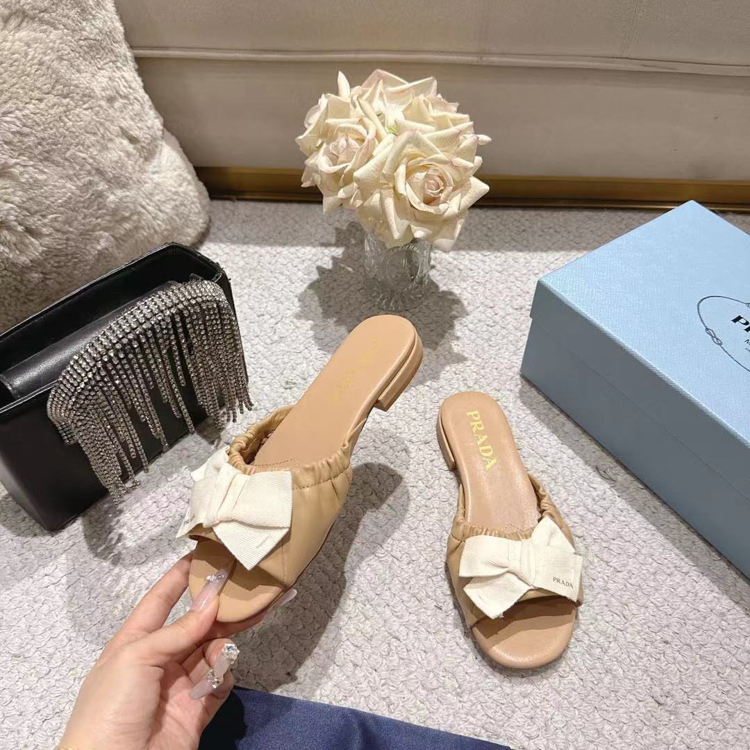 Prada 26s Ruched Bow Slide Sandals Beige Calfskin
