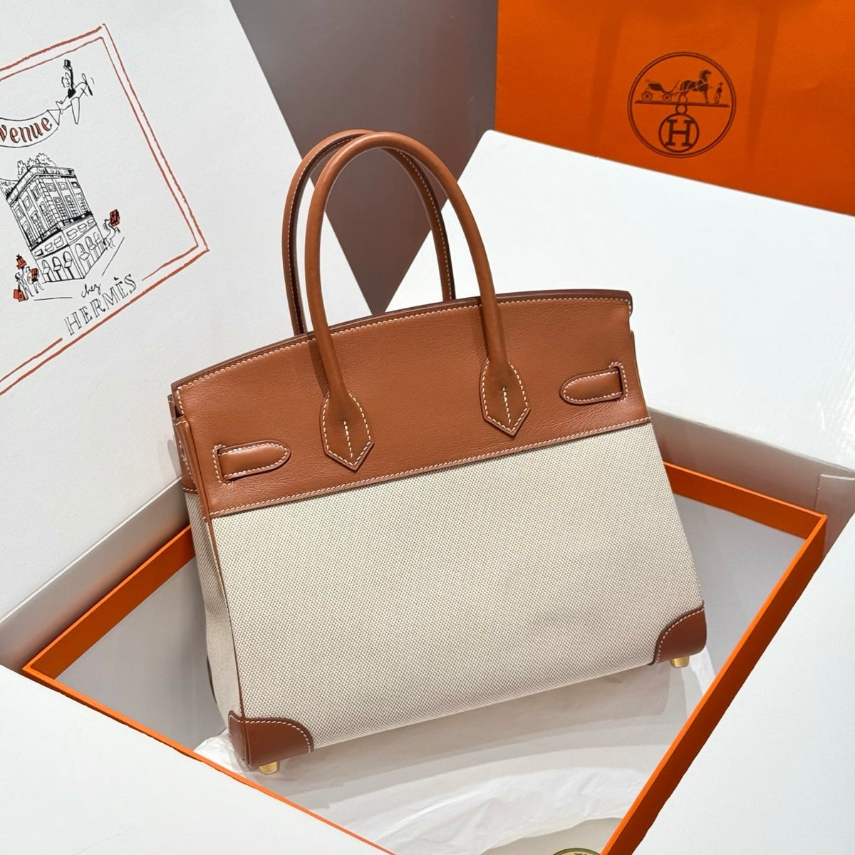 HM Birkin 40cm Golden Brown Swift Cowhide With Horse Totem Beige Canvas Fabric GHW