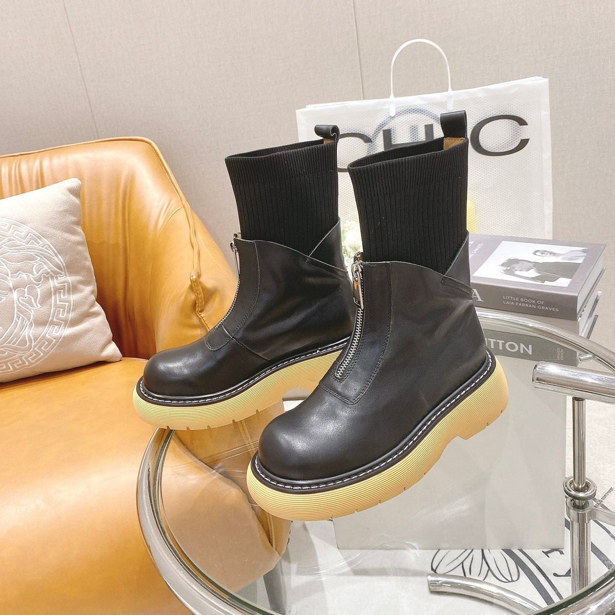 BV 26FW Chunky Platform Ankle Boots 5cm Knit Sock Shaft Front Zip Leather 164461
