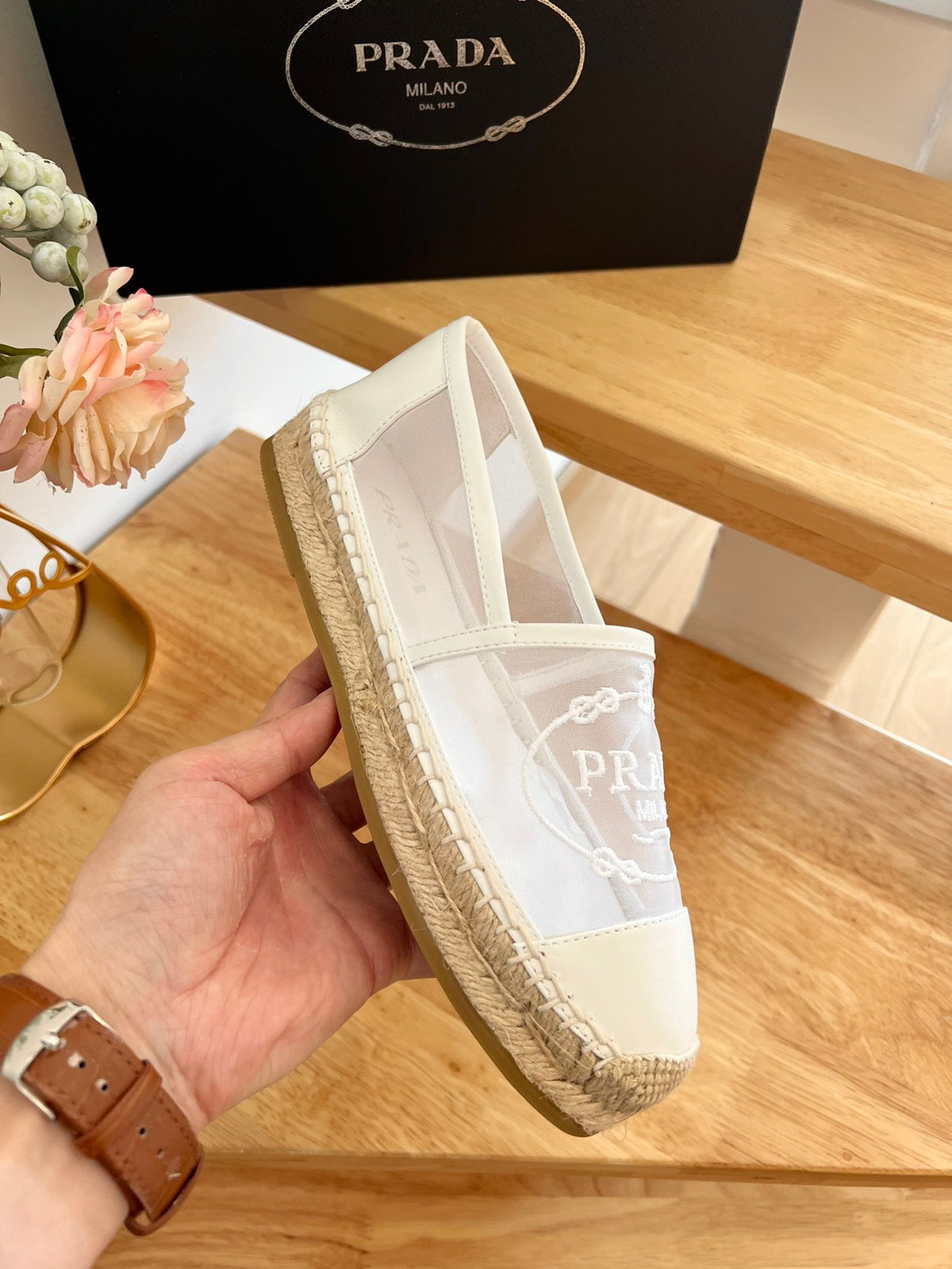 Prada 26s Embroidered Logo Espadrille Flats Ivory White Mesh Calfskin