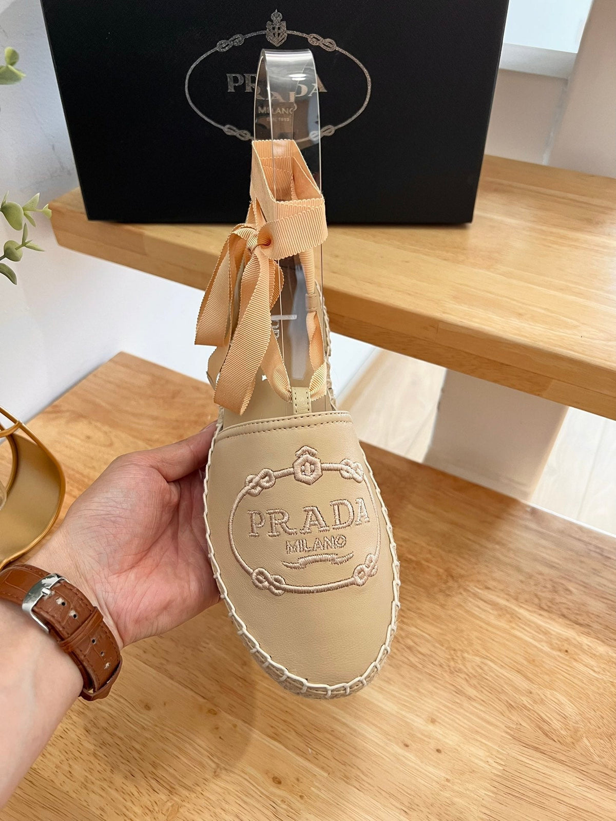 Prada 26s Lace Up Espadrille Flats Beige Calfskin
