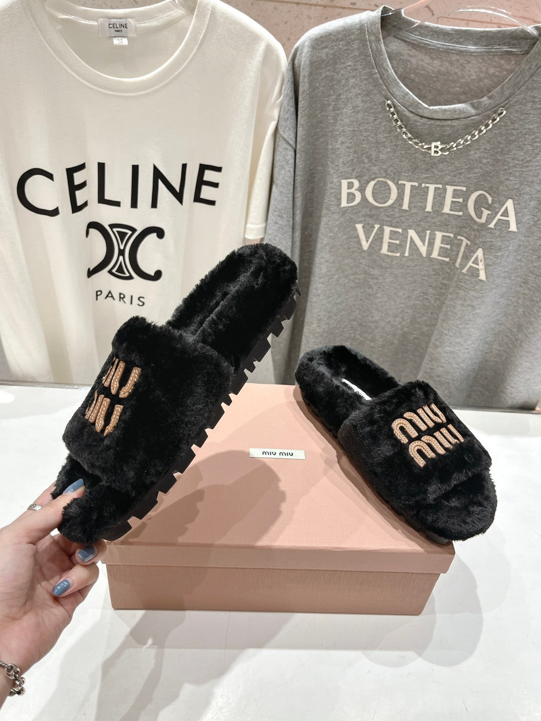 Miumiu 26s Flat Slides Black Shearling