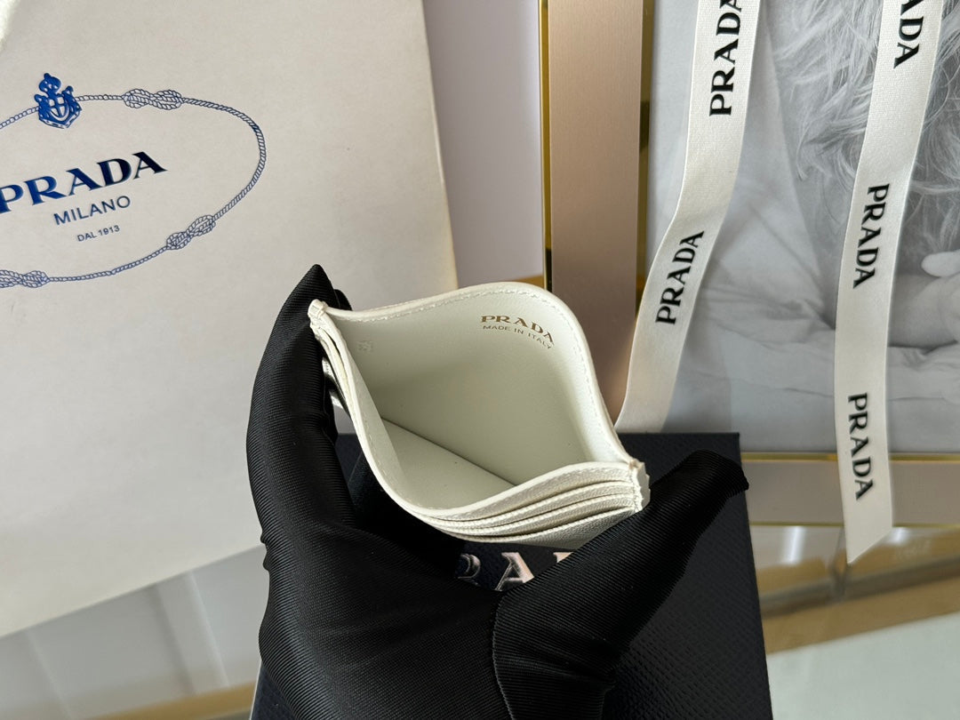 Pra Gold Logo-Stamp Card Holder White Saffiano Leather