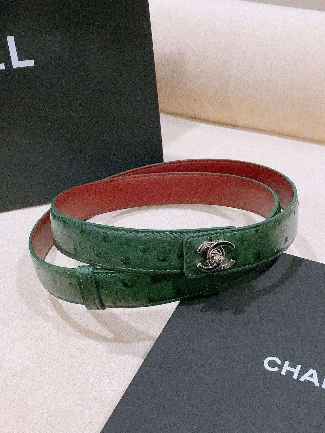 CC 26FW Double C Twist Buckle Belt 25mm Embossed Green Cowhide Leather 218900