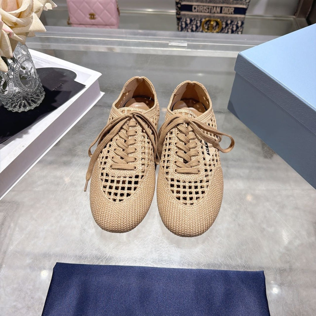 Prada 26s Lace Up Openwork Knit Sneakers Beige Knit Fabric