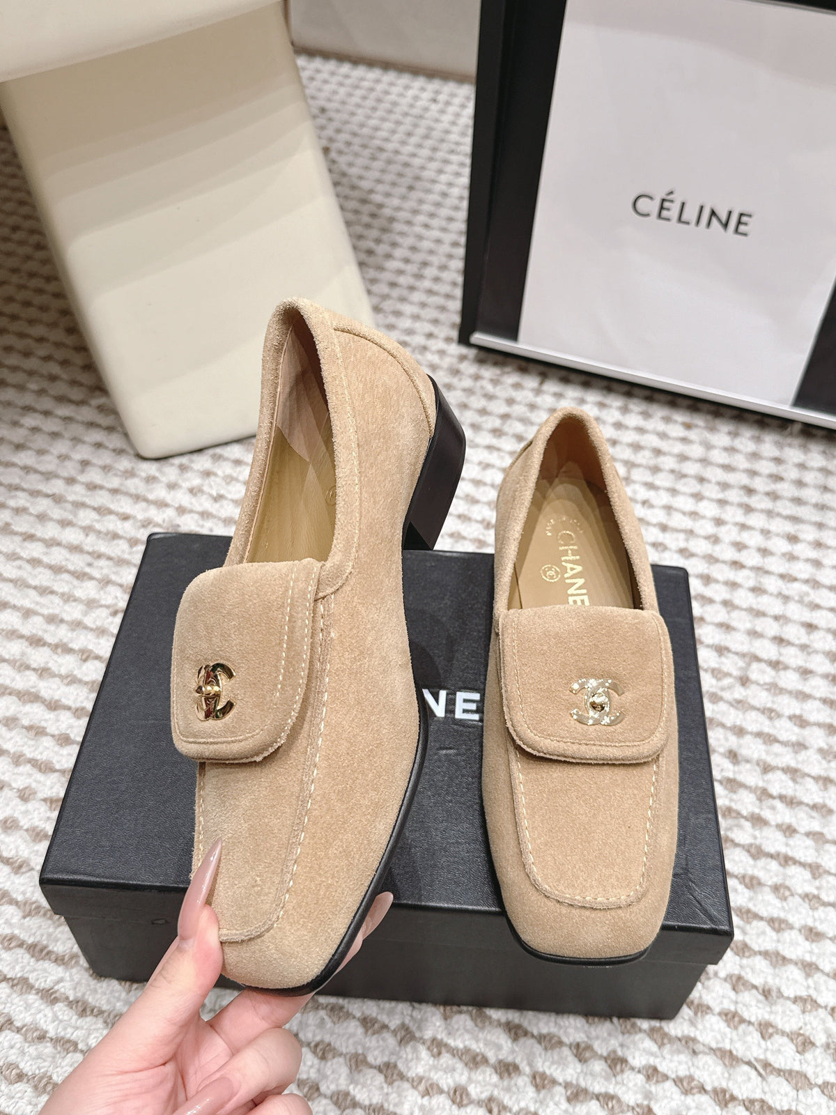 CC 26S Loafers in Beige Suede with Gold-Tone CC Logo