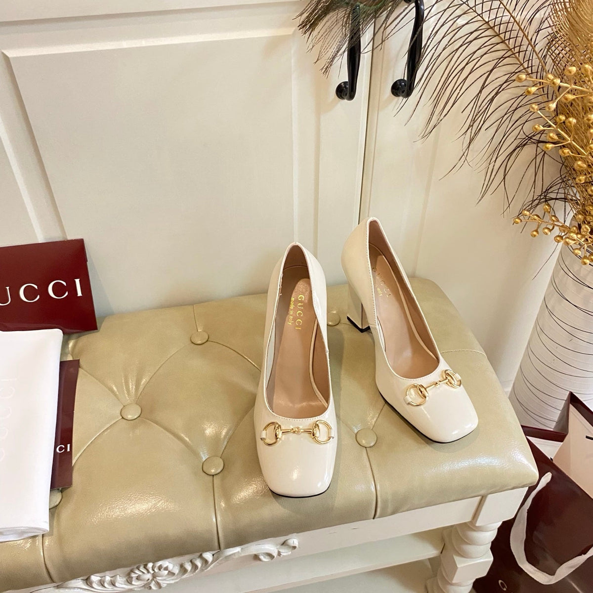 Gucci 26s Horsebit Mid-Heel Pumps 10cm Cream White Calfskin