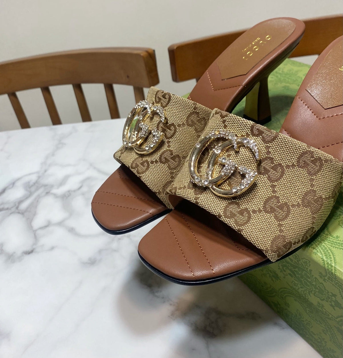 Gucci 26s Heeled Slides 7.5cm Sand Brown Canvas And Lambskin