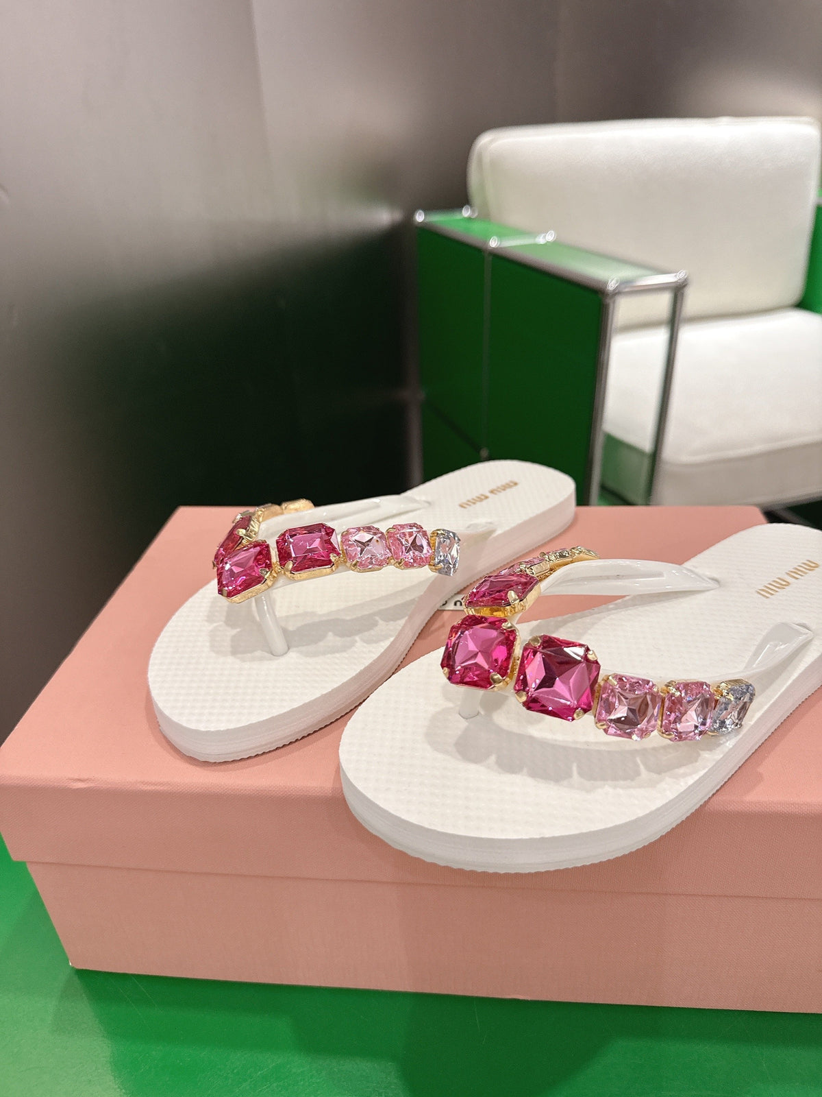 Miumiu 26s Thong Sandals White Eva Pink Crystal-embellished