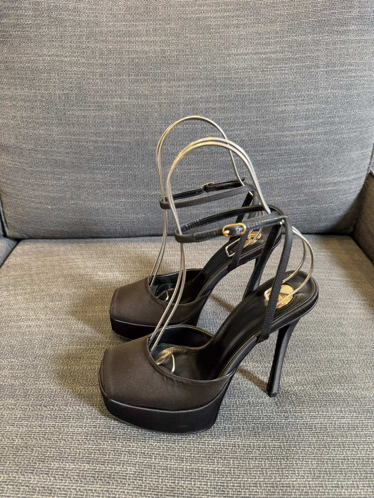 YSL 26S Platform Sandals 150 Mm Taupe And Black Satin