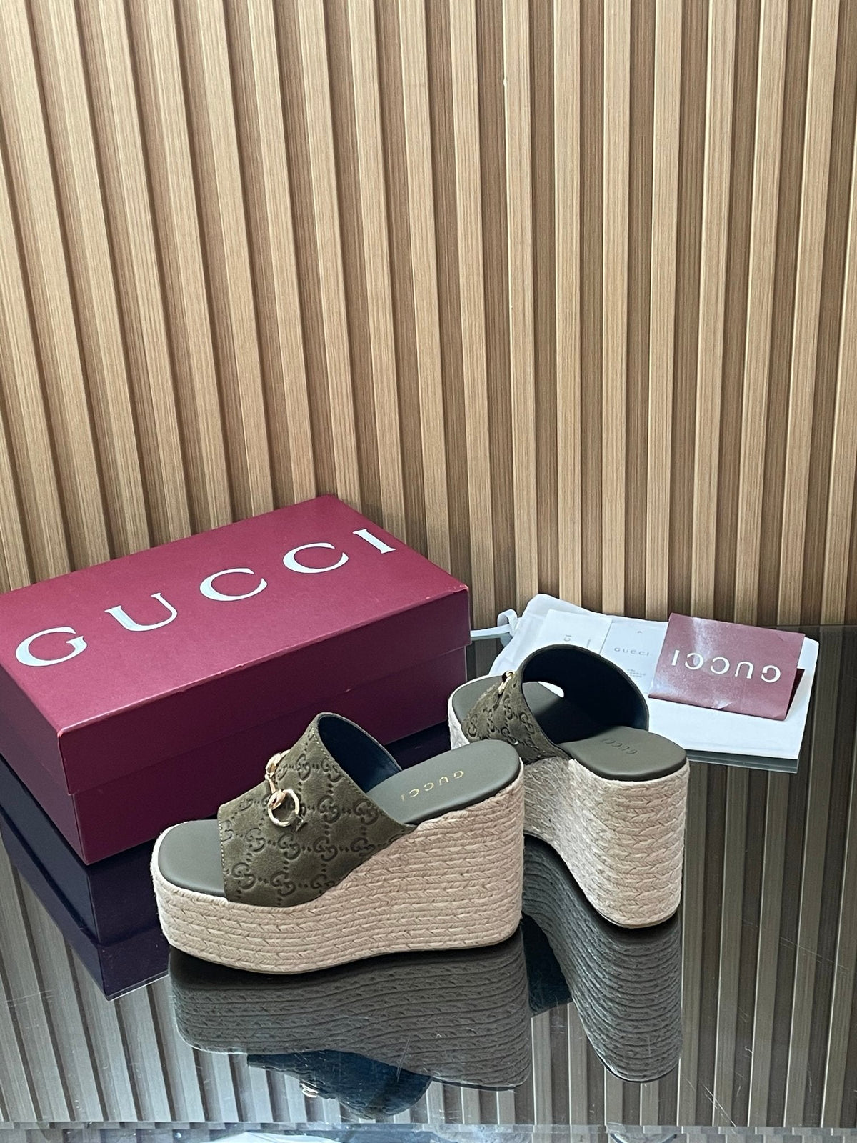 Gucci 26S Wedge Sandals 11Cm In Olive Green Suede GG Monogram