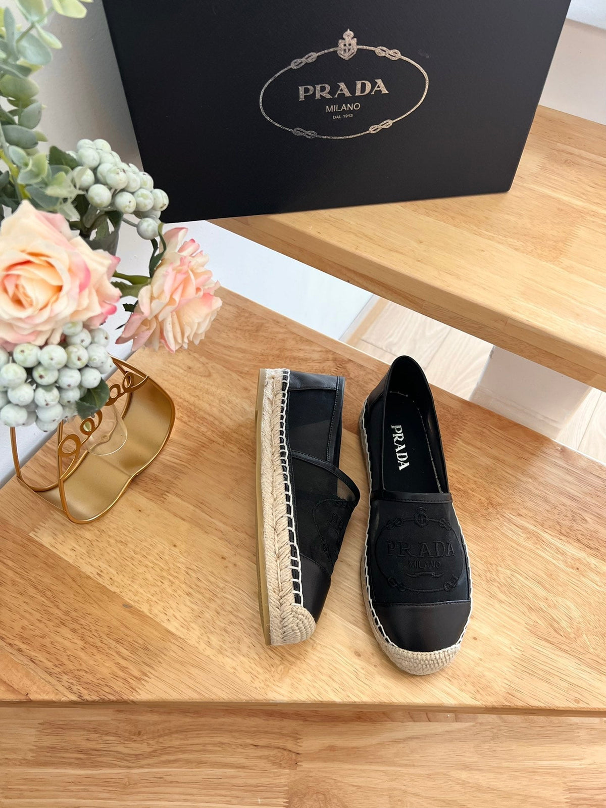 Prada 26s Embroidered Logo Espadrille Flats Black Mesh Calfskin