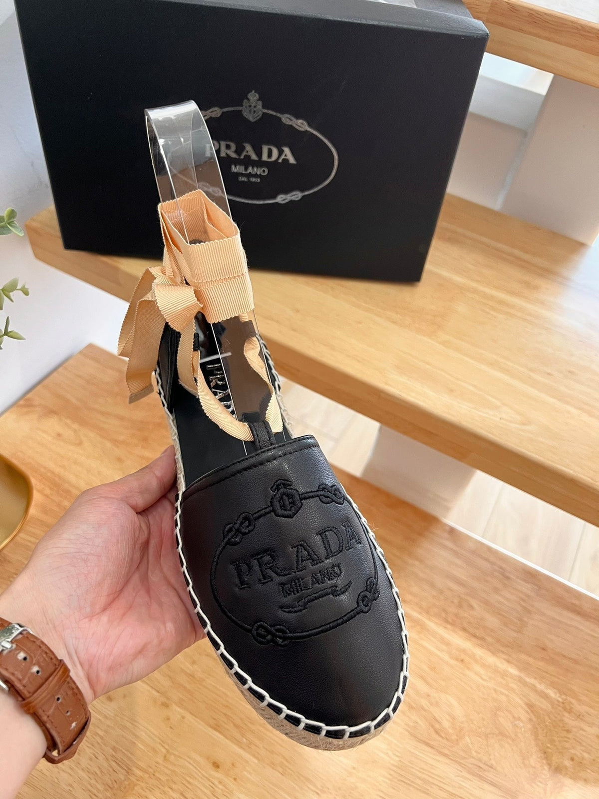 Prada 26s Lace Up Espadrille Flats Black Calfskin