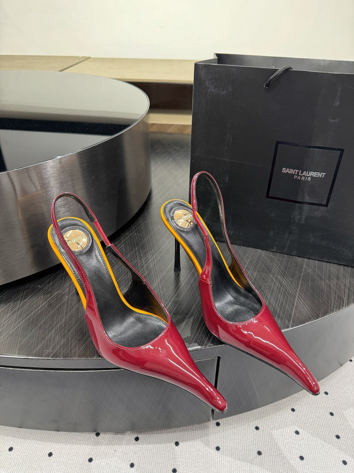 YSL 26s Pointed-Toe Slingback Heels 10.5cm Dark Red Orange Patent Calfskin