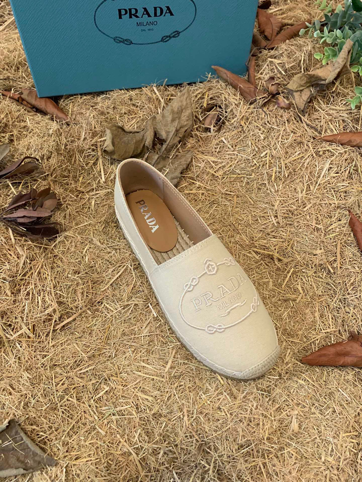 Prada 26s Espadrille Flats Light Beige Canvas Embroidered Logo