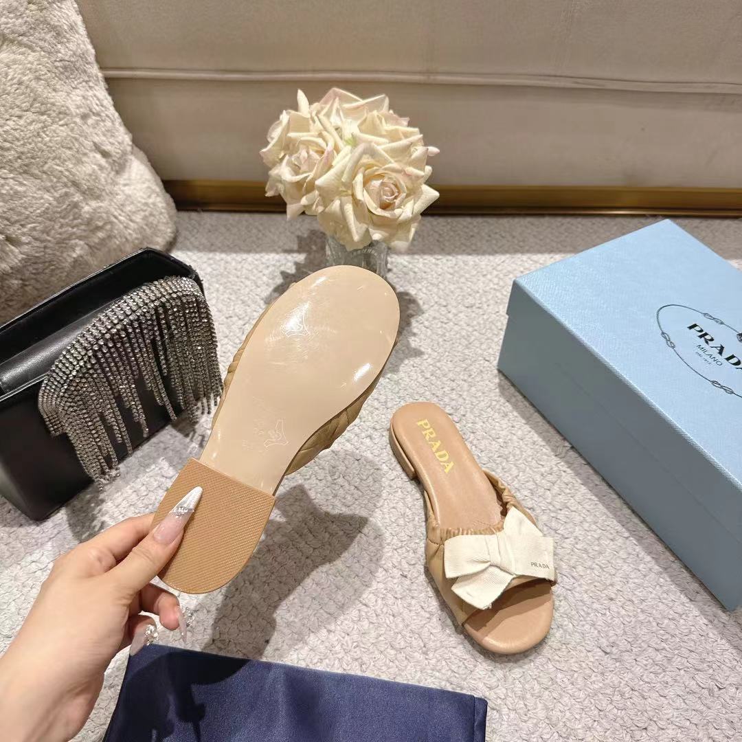 Prada 26s Ruched Bow Slide Sandals Beige Calfskin
