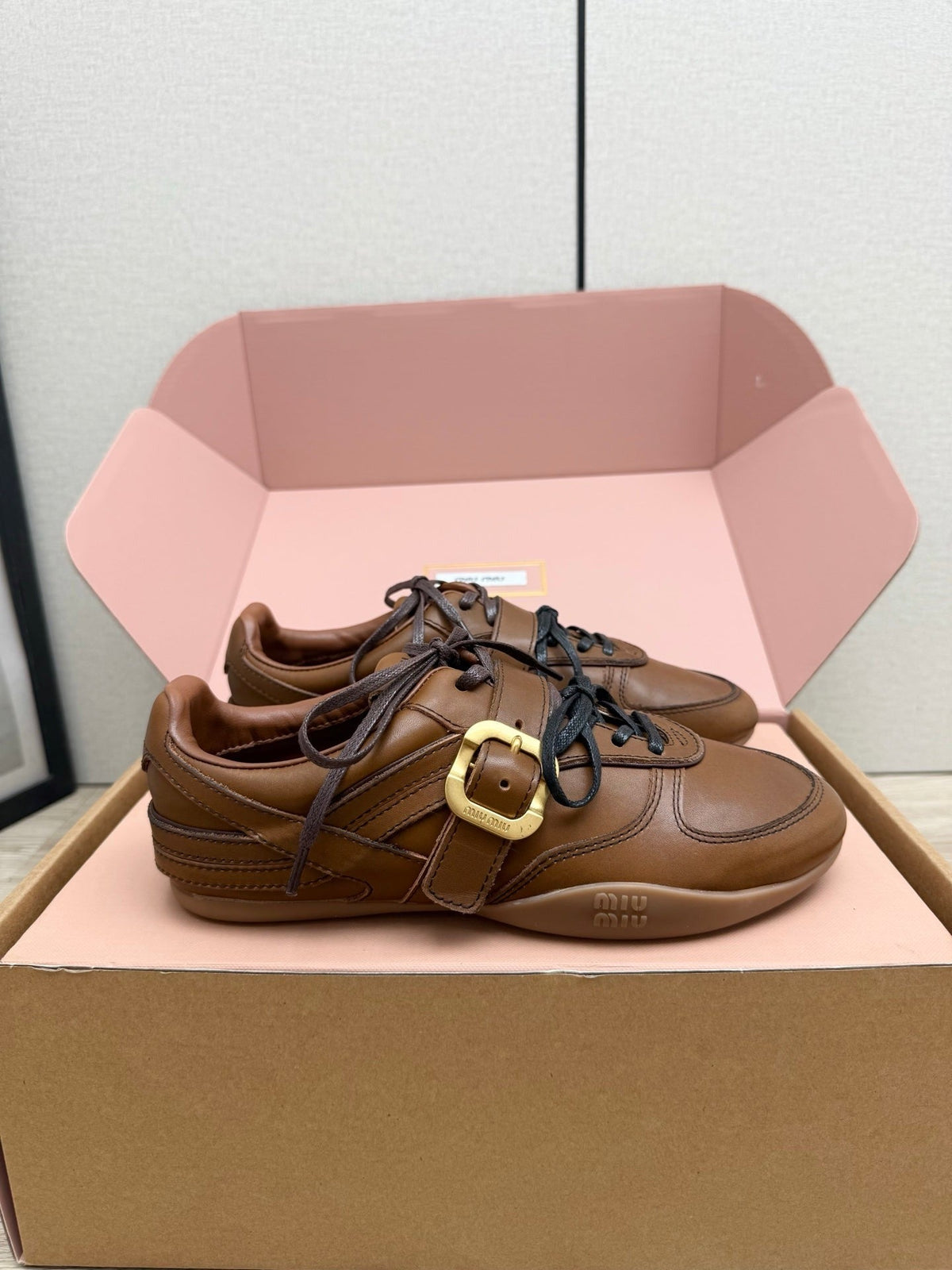 Miumiu 26s Buckle Sneakers Brown Calfskin With Gold Hardware