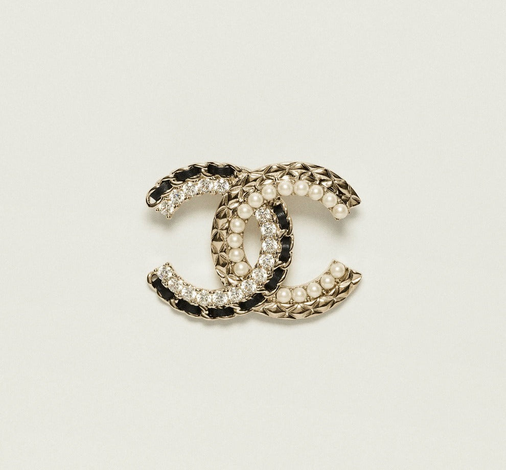 CC Brooch Gold Metal Crystal Pearl and Leather