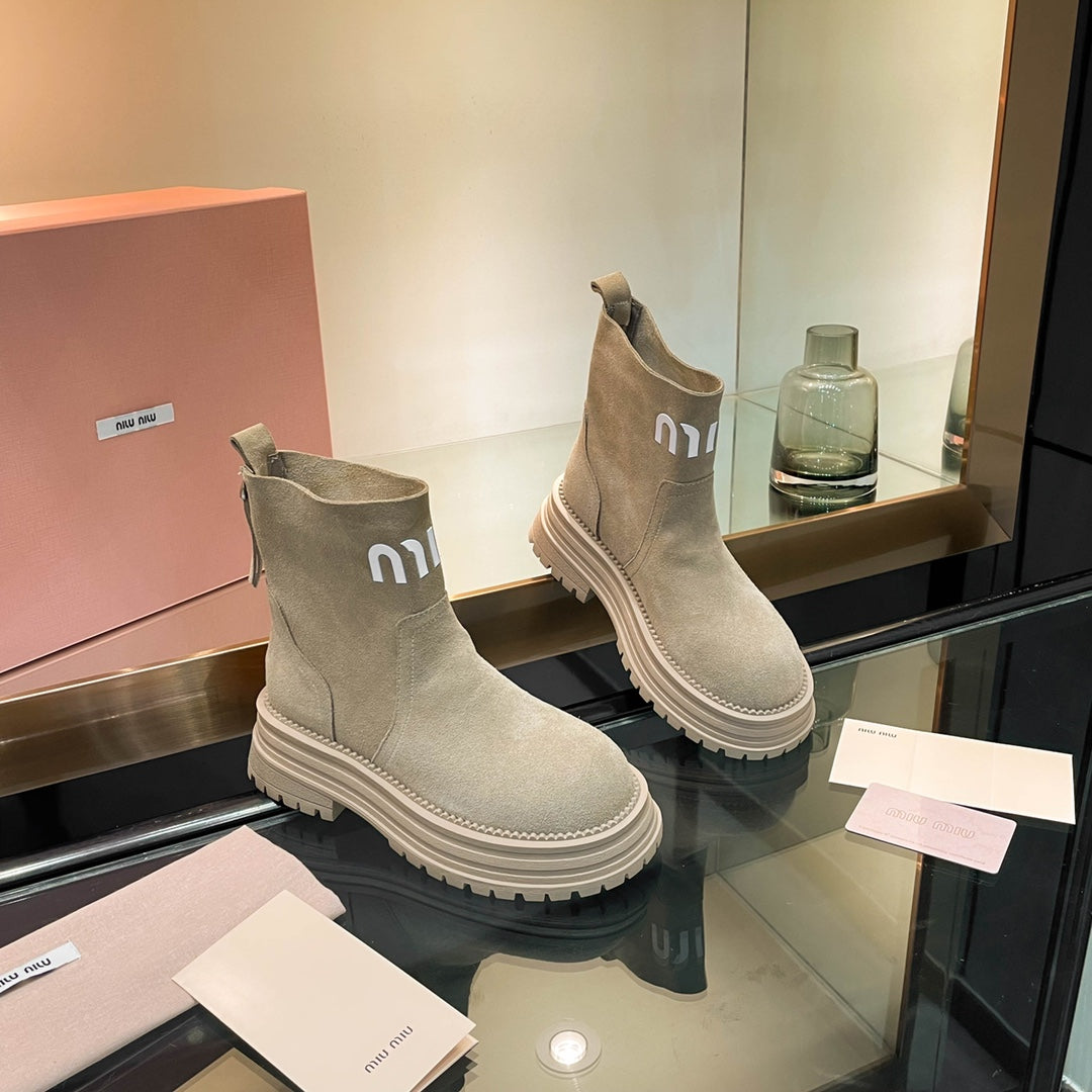 Miumiu 26s Logo Chunky Ankle Boots Beige Suede