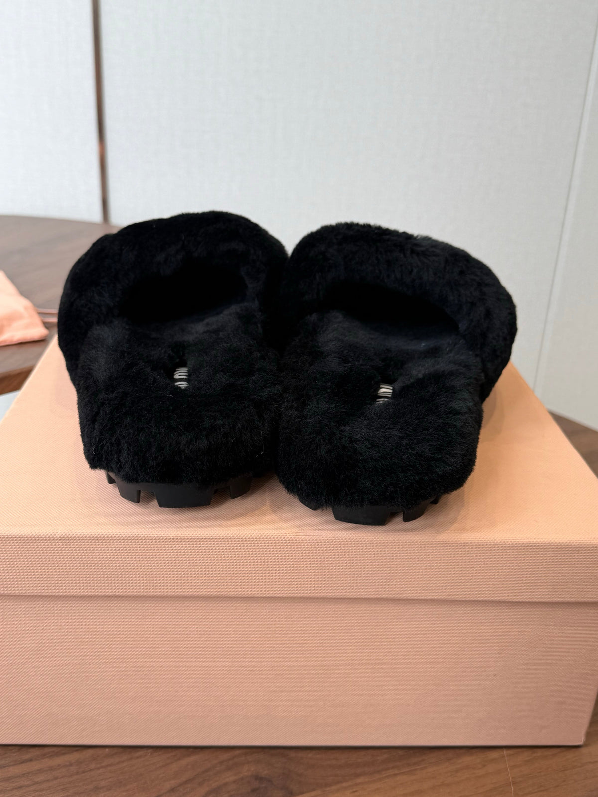 Miumiu 26s Crystal Logo Slides Black Shearling