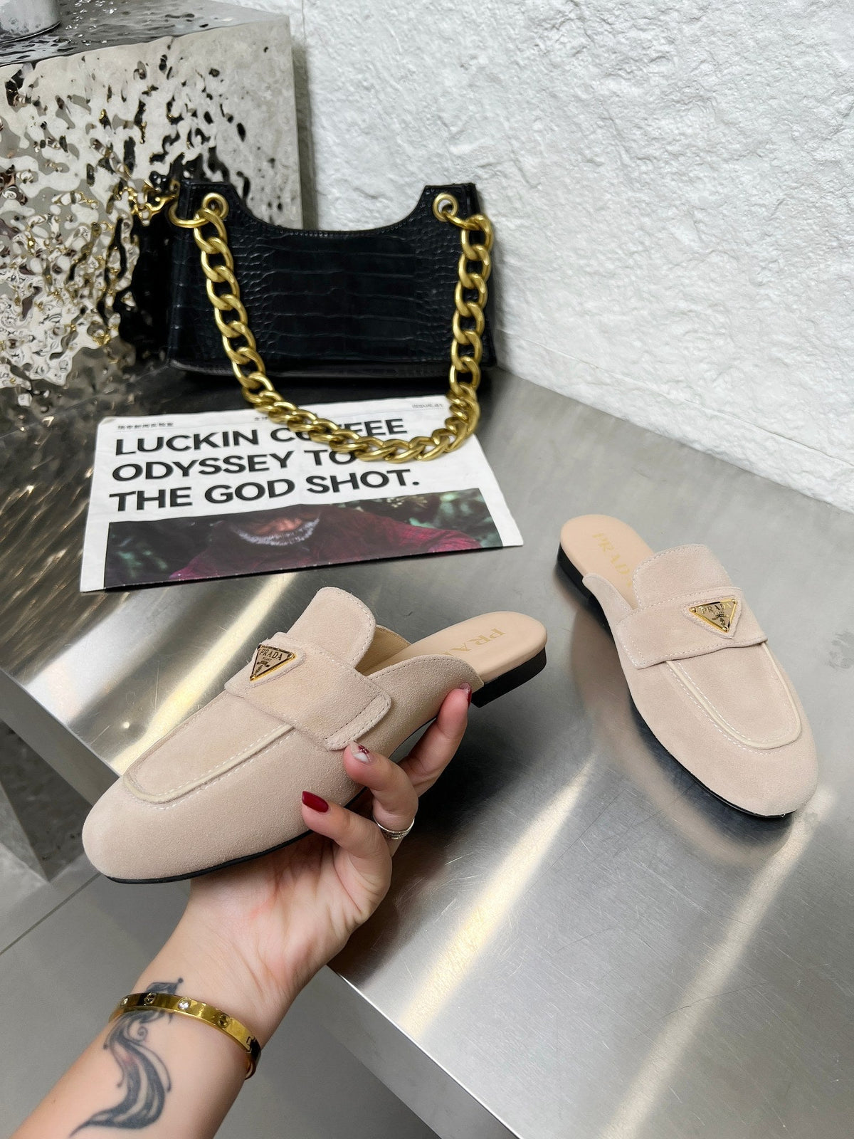 Prada 26s Mule Loafers Nude Beige Suede With Logo