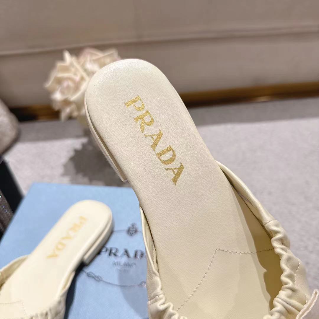 Prada 26s Ruched Bow Slide Sandals Ivory White Calfskin