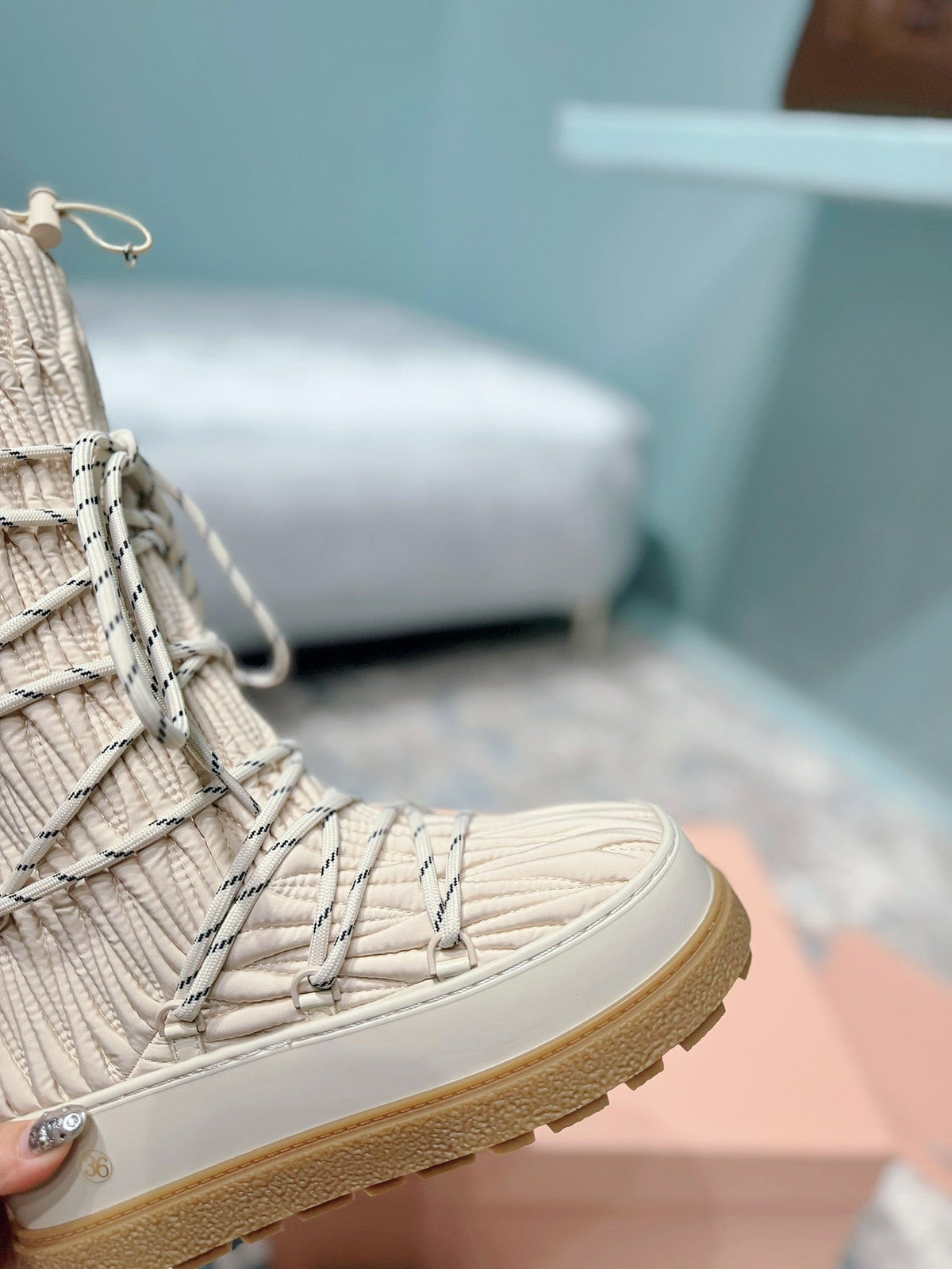 Miumiu 26s Ankle Snow Boots Beige Fabric Style 14