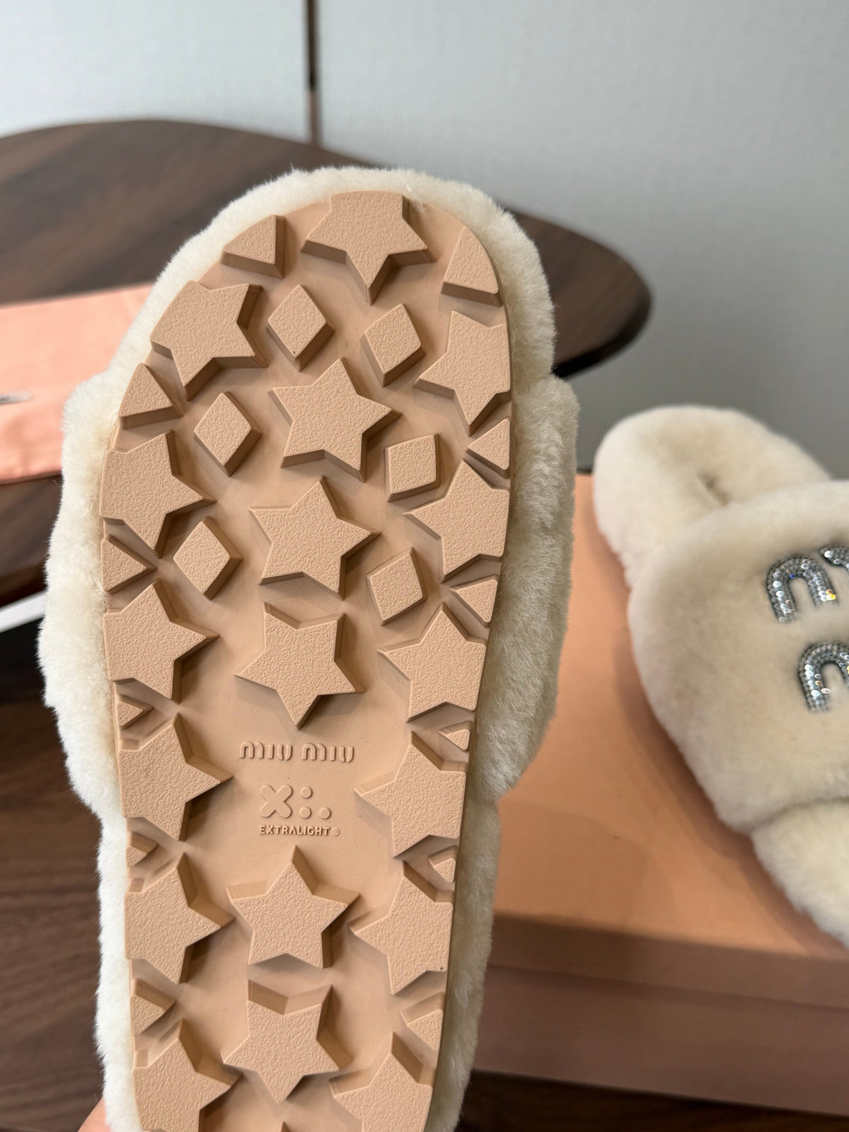 Miumiu 26s Crystal Logo Slides Light Beige Shearling