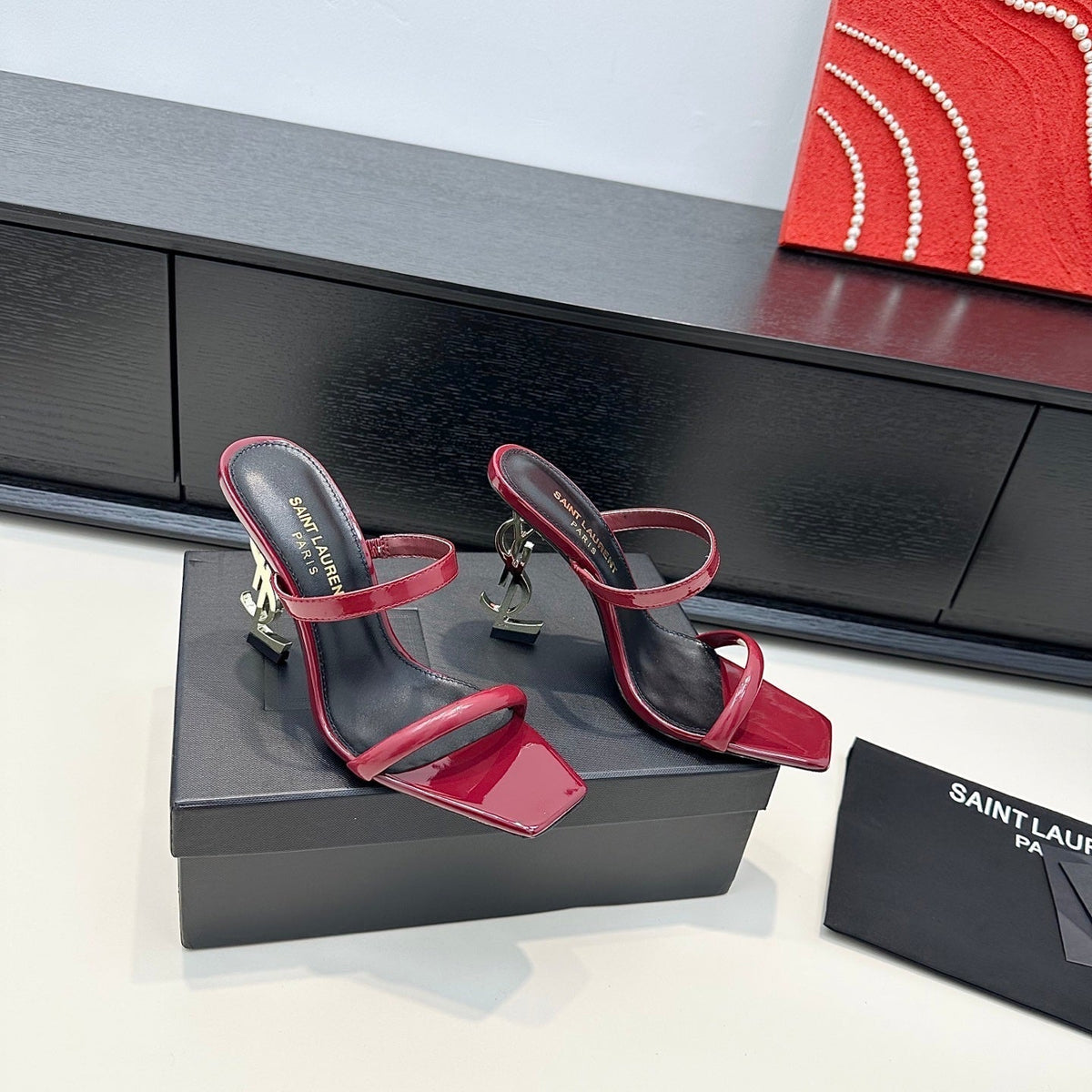 YSL 26S Double-Strap Heeled Sandals 100 Mm Dark Red Calfskin