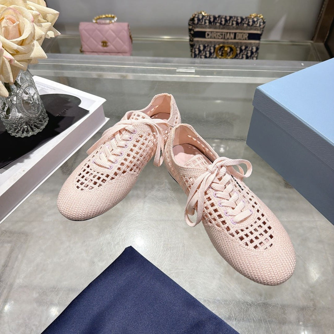 Prada 26s Lace Up Openwork Knit Sneakers Blush Pink Knit Fabric