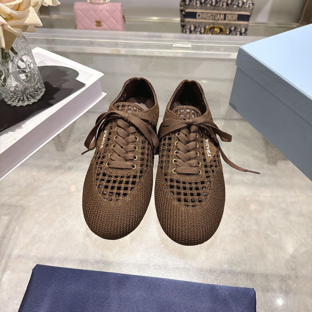 Prada 26s Lace Up Openwork Knit Sneakers Dark Brown Knit Fabric